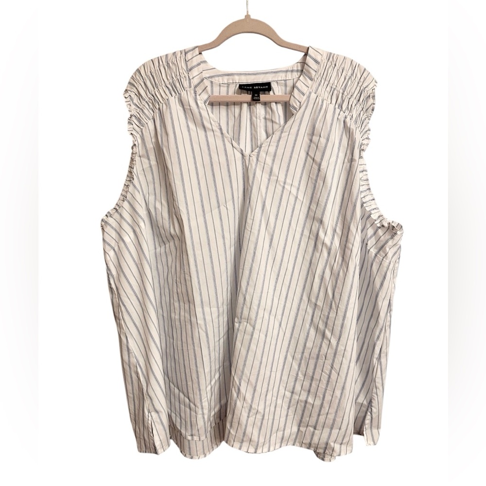 Lane Bryant Smocked Shoulder White Blue Stripe V Neck Sleeveless Top Size 28W